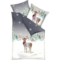 TRAUMSCHLAF Biber Bettwäsche Weihnachtshirsch grau 155x220 cm + 80x80 cm