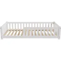 Juskys Kinderbett Naya 90x200 cm mit Rausfallschutz & Lattenrost - Holz Bodenbett Weiß