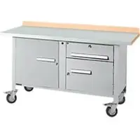 Schäfer Shop Mobile Werkbank PWi 150-3, Buche-Dekor Multiplexplatte, mit Stahlabdeckung, bis 400 kg, B 1500 x T 700 x H 840 mm