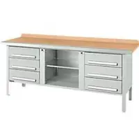 Schäfer Shop Kastenwerkbank PW 200-2, Buche Multiplexplatte, mit Stahlkante, bis 750 kg, B 2000 x T 700 x H 840 mm, Lichtgrau