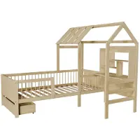Juskys Kinderbett Yari 90x200 cm - Integrierter Schreibtisch, Praktische Schublade, Massiver Kieferrahmen - natur