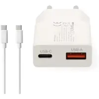 Nedis Netzladegerät - 30 W - GaN - PD3.0 - 1.5 / 2.0 / 2.5 / 3.0 A - Anzahl der Ausgänge: 2 - USB-A / USB-C - USB-C (Lose) Kabel - 1.50 m - Automatische Spannungswahl - Weiss