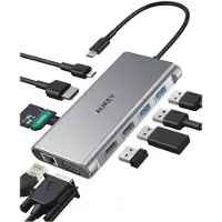 Aukey aluminiowy Hub USB-C | 10w1 | RJ45 Ethernet 10/100/1000Mbps | 4xUSB | HDMI 4k@30Hz | SD i micr