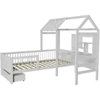 Juskys Kinderbett Yari 90x200 cm - Integrierter Schreibtisch, Praktische Schublade, Massiver Kieferrahmen weiß