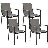 Beliani Gartenstuhl 4er Set Schwarz Aluminium mit Bespannung Grau Stoff Armlehnen Holzoptik Stapelbar Modern Outdoor Indoor Terrasse Balkon Ausstattung