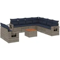 vidaXL 10-teiliges Gartensofa-Set mit Kissen, grau, Polyrattan