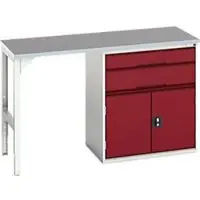 Bott Unterbauwerkbank verso, Linoleum-Platte, 2 Schubladen, 1 Tür, 1 Ablageboden, B 1500 x T 600 x H 930 mm, Lichtgrau / Purpurrot