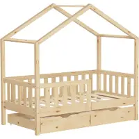 ML-Design Kinderbett Hausbett 70x140 cm Natur mit 2 Schubladen Holzbett mit Rausfallschutz Lattenrost und Dach, Spielbett aus Kiefernholz, Bodenbett