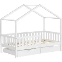 ML-Design Kinderbett Hausbett 80x160 cm Weiß mit 2 Schubladen Holzbett mit Rausfallschutz Lattenrost und Dach, Spielbett aus Kiefernholz, Bodenbett