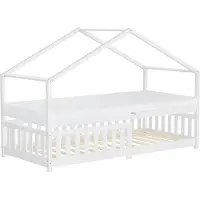 ML-Design Kinderbett Hausbett 90x200 cm Weiß mit Matratze H:16cm, Rausfallschutz Lattenrost und Dach, Spielbett aus massivem Kiefernholz Bodenbett
