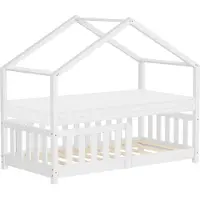 ML-Design Kinderbett Hausbett 70x140 cm Weiß mit Matratze H:10cm, Rausfallschutz Lattenrost und Dach, Spielbett aus massivem Kiefernholz Bodenbett