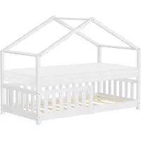 ML-Design Kinderbett Hausbett 80x160 cm Weiß mit Matratze H:10cm, Rausfallschutz Lattenrost und Dach, Spielbett aus massivem Kiefernholz Bodenbett