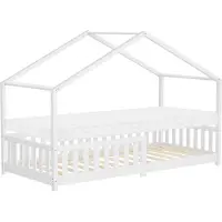 ML-Design Kinderbett Hausbett 90x200 cm Weiß mit Matratze H:10cm, Rausfallschutz Lattenrost und Dach, Spielbett aus massivem Kiefernholz Bodenbett