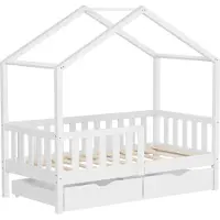 ML-Design Kinderbett Hausbett 70x140 cm Weiß mit 2 Schubladen Holzbett mit Rausfallschutz Lattenrost und Dach, Spielbett aus Kiefernholz, Bodenbett