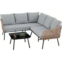Idimex Gartenlounge JAKARTA, braun/grau - Outdoor Ecksofa mit Dreisitzer, Zweisitzer und Beistelltisch, robustes Metallgestell, wasserabweisende Kissen, für Terrasse und Balkon, L-förmige Sitzlandschaft
