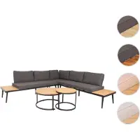 Mendler Garten-Garnitur HWC-H54c, Lounge-Set, Beistelltisch Spun Poly Akazie Holz Stahl hellbraun, Kissen dunkelgrau