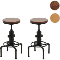 Mendler 2er-Set Barhocker HWC-N23, Barstuhl Tresenhocker höhenverstellbar drehbar Fußablage Industrial Eisen Massiv-Holz braun