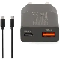 Nedis Netzladegerät - 30 W - GaN - PD3.0 - 1.5 / 2.0 / 2.5 / 3.0 A - Anzahl der Ausgänge: 2 - USB-A / USB-C - USB Type-C (Lose) Kabel - 1.50 m - Automatische Spannungswahl - Schwarz
