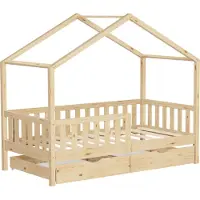 ML-Design Kinderbett Hausbett 80x160 cm Natur mit 2 Schubladen Holzbett mit Rausfallschutz Lattenrost und Dach, Spielbett aus Kiefernholz, Bodenbett
