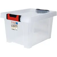 Eda Aufbewahrungsbox CLiPSTOCK, 75 Liter, PP, transparent mit Deckel, Soft-Touch Griffe in schwarz/rot