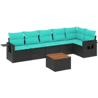 vidaXL 7-teiliges Gartensofa-Set mit Kissen, schwarzes Polyrattan