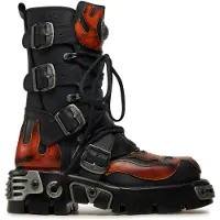 New rock Flame-Akzent-Bikerstiefel aus schwarzem/rotem Leder mit Totenkopf-Motiv – 107-S1