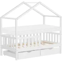 ML-Design Kinderbett Hausbett 70x140 cm Weiß mit Matratze H:10cm, 2 Schubladen Rausfallschutz Lattenrost und Dach Spielbett aus Kiefernholz Bodenbett
