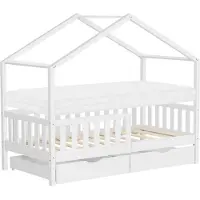 ML-Design Kinderbett Hausbett 80x160 cm Weiß mit Matratze H:10cm, 2 Schubladen Rausfallschutz Lattenrost und Dach Spielbett aus Kiefernholz Bodenbett