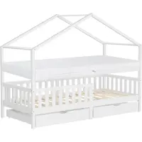 ML-Design Kinderbett Hausbett 90x200 cm Weiß mit Matratze H:16cm, 2 Schubladen Rausfallschutz Lattenrost und Dach Spielbett aus Kiefernholz Bodenbett