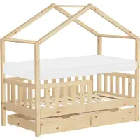 ML-Design Kinderbett Hausbett 70x140 cm Natur mit Matratze H:10cm, 2 Schubladen Rausfallschutz Lattenrost und Dach Spielbett aus Kiefernholz Bodenbett