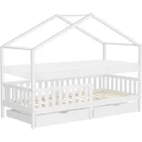 ML-Design Kinderbett Hausbett 90x200 cm Weiß mit Matratze H:10cm, 2 Schubladen Rausfallschutz Lattenrost und Dach Spielbett aus Kiefernholz Bodenbett