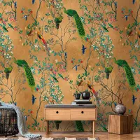 Profhome 398821-GU Fototapete Vogelmuster Braun Grün Blau Blau 1,59 m x 2,8 m 0,53 m x 8,80 m 4,45 m2 Braun