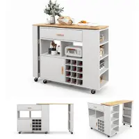 Costway Küchenwagen & Bartisch, Kücheninsel mit verstellbarem Regal, Schublade & Gewürzregal, Weinregal für 12 Flaschen, Küchenschrank rollbar, Servierwagen aus Holz, Kücheninselwagen, Weiß