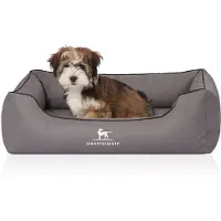 Knuffelwuff Orthopädisches Hundebett Madison aus laser-gestepptem Kunstleder M-L 85 x 63cm Grau