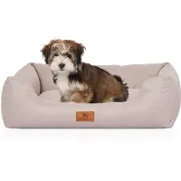 Knuffelwuff Hundebett Emma aus Velours mit feinem Handwebcharakter in Pastellfarben M-L 85 x 63cm Beige