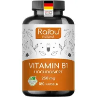 Raibu Vitamin B1 Thiamin Kapseln, 250 mg pro Kapsel, Hohe Bioverfügbarkeit & Laborgeprüft, 180 St - Kapseln