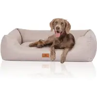 Knuffelwuff Cuddlewuff Hundebett Emma aus Velours mit handgewebtem Charakter in Pastellfarben XL 105 x 75cm beige