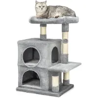 Lionto Kratzbaum für Katzen 80 cm, mit 2 Höhlen, Liegebett & Spielball, Sisalstämme für Krallenpflege, hellgrau