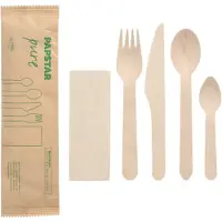 Papstar Bestecksets Holz "pure": Messer, Gabel, Löffel, Serviette | Folie (50 Stück)