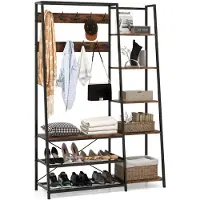 Coast Garderobe mit Aufbewahrungsbank 5-in-1 118x40x180 cm Schwarz & Rustikales Braun - 9 Haken, 5 Seitenablagen, Metallgitterablagen