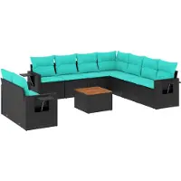 vidaXL 10-teiliges Gartensofa-Set mit Kissen, schwarzes Polyrattan