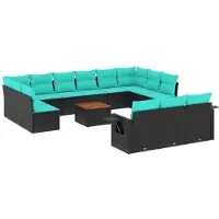 vidaXL 14-teiliges Gartensofa-Set mit Kissen, schwarzes Polyrattan