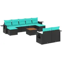 vidaXL 10-teiliges Gartensofa-Set mit Kissen, schwarzes Polyrattan