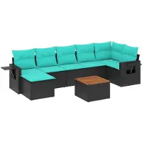 vidaXL 8-teiliges Gartensofa-Set mit Kissen, schwarzes Polyrattan