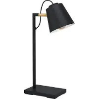 Eglo Tischlampe Lacey, Nachttischlampe mit Lampenschirm, Tischleuchte aus Metall in Schwarz, Creme und Holz in Natur, Leselampe mit E14 , 48,5 cm