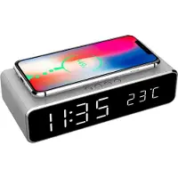 24hShop Digitaler Wecker m kabelloser QI Handyladefunkt.silb