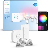 Philips Hue Essential White & Color Starterset GU10 3er-Pack + Bridge + Dimmer