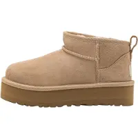 Ugg Unisex für Kinder. 1157791K Classic Ultra Mini Platform Stiefeletten aus Leder in Beige (33.5), 3 bis 5 cm, Wildleder, Keine, Lässig, Ki