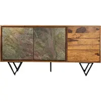 FineBuy Sideboard Sheesham Massivholz 150x40x55 cm Kommode mit 2 Türen & 3 Schubladen Stauraum Anrichte mit Fronten in 3D Steinoptik Möbel Wohnzimmer