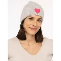 Zwillingsherz Beanie "Heart Patch", Damen, grau, Grobstrick, Materialmix, unifarben mit Farbeinsatz, Mützen Beanie, Grobstrick, Herzmotiv,Wollanteil, breiter Umschlag, wärmend